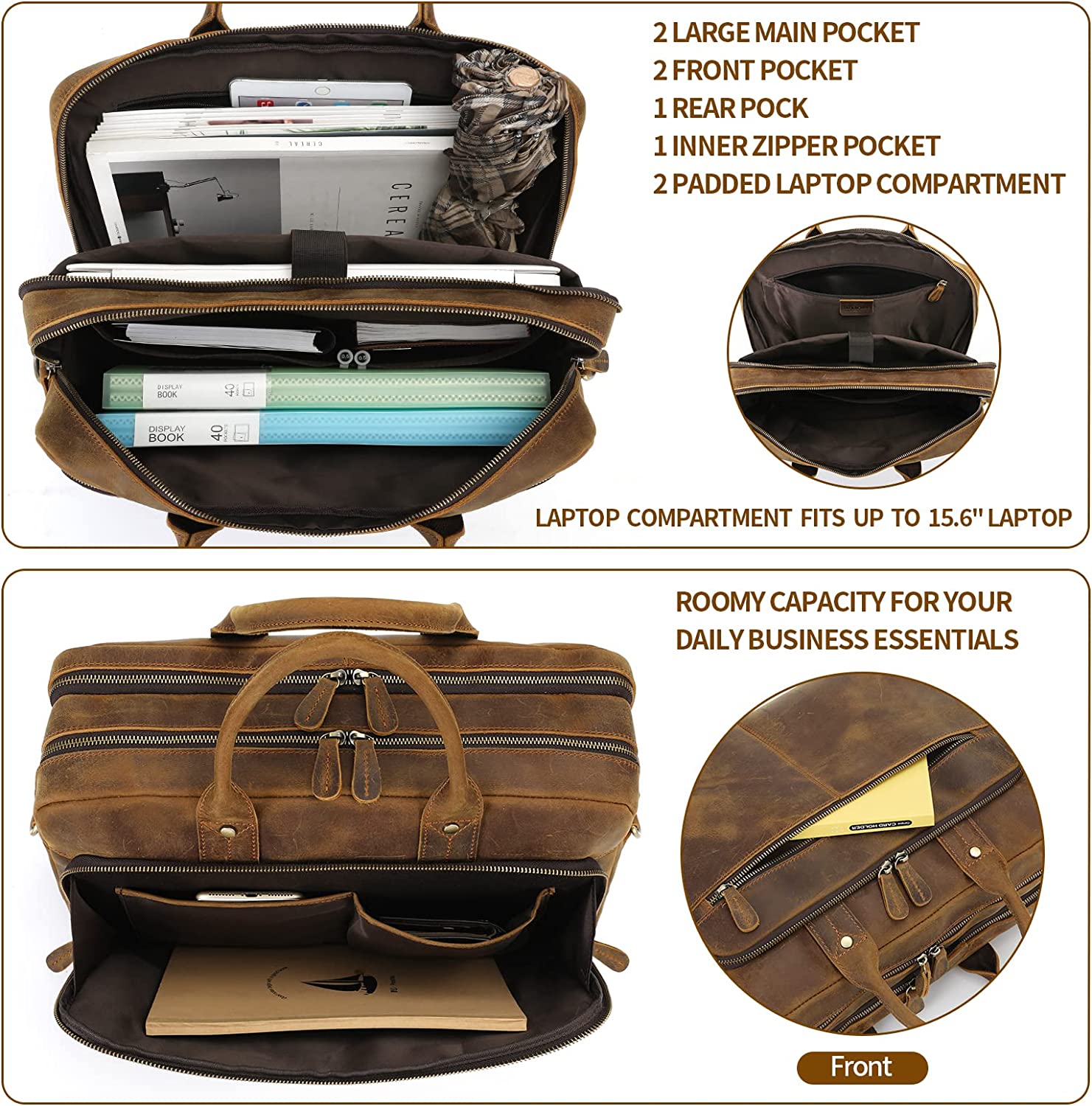 Ringsun Leather Briefcase for Men Large Satchel Bags, Mens Business Travel Case Messenger Bag, Fits 15.6" Leather Laptop Bag - Image 3